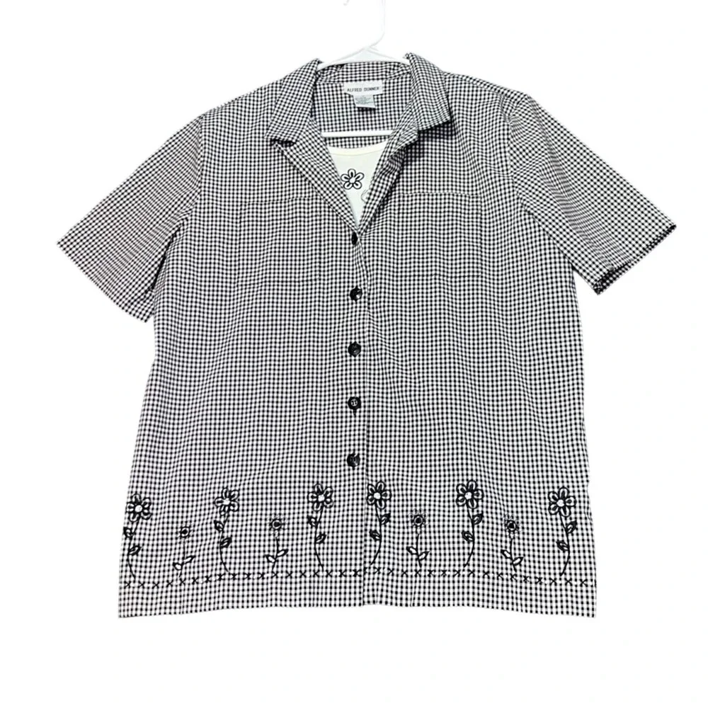 Alfred Dunner Womens Size 12 Floral Embroidered Shirt Under Shirt Gingham Button - Picture 2 of 15